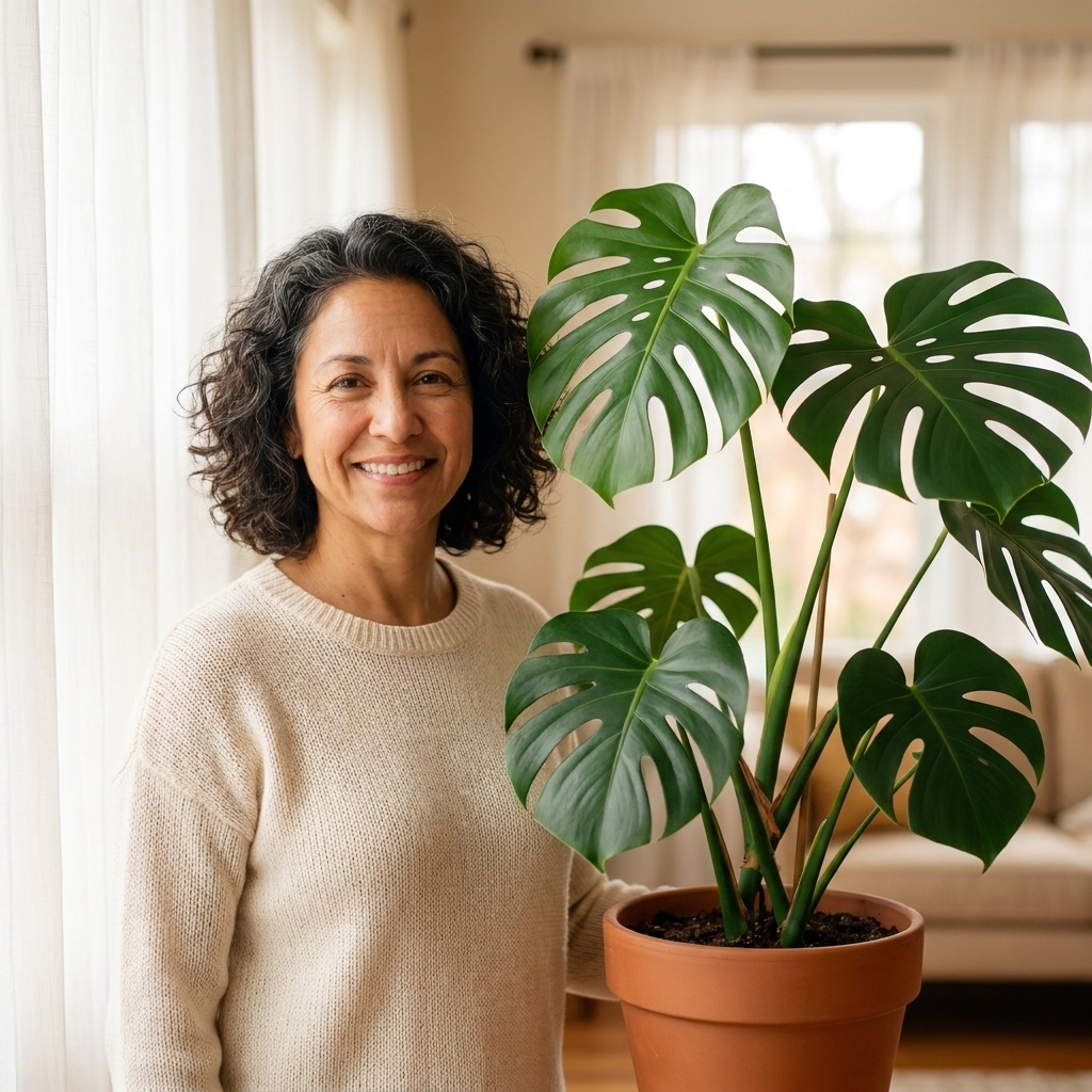 A Monstera deliciosa positioned a few feet from a bright window with sheer curtains, showing even growth and upright stems