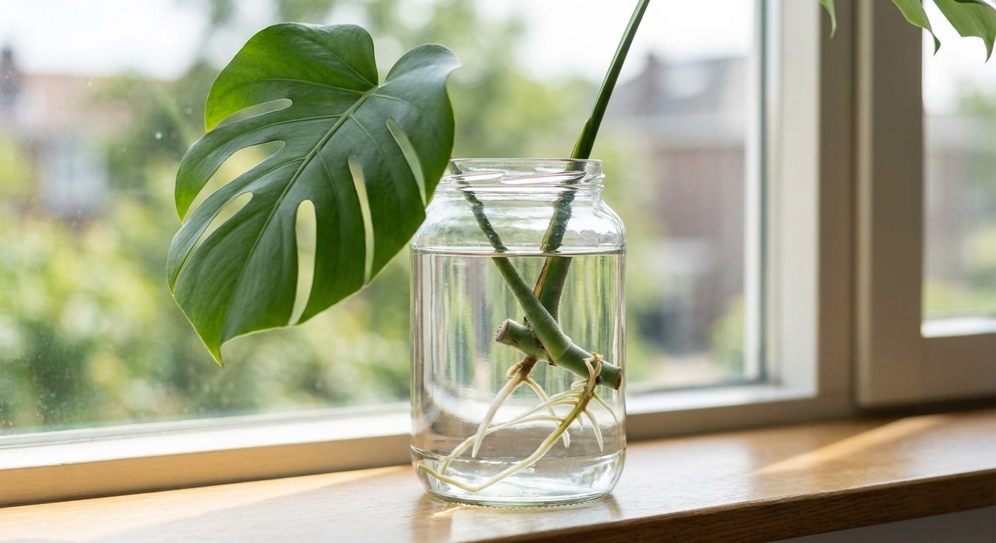 A Monstera deliciosa stem cutting rooting in a clear glass jar on a windowsill, with white roots growing from the submerged node