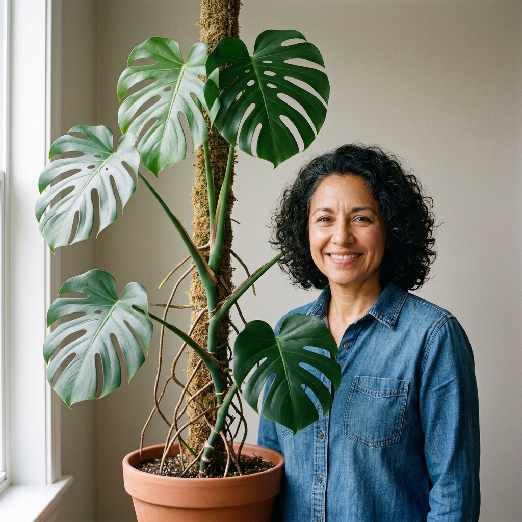 A Monstera deliciosa trained up a moss pole in a pot, with aerial roots touching the pole and leaves spaced evenly along the stem