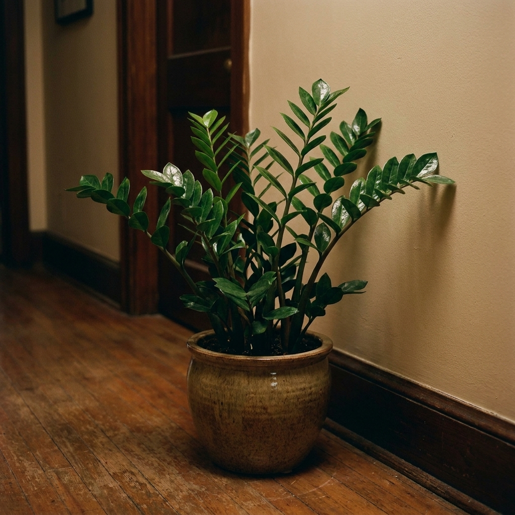 A ZZ plant with glossy green stems in a ceramic pot placed in a dim hallway corner with soft ambient light