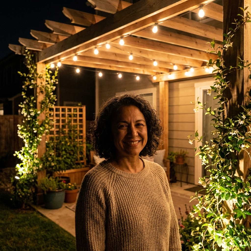 A backyard pergola at night with warm white string lights draped overhead and soft accent lighting on surrounding climbing vines