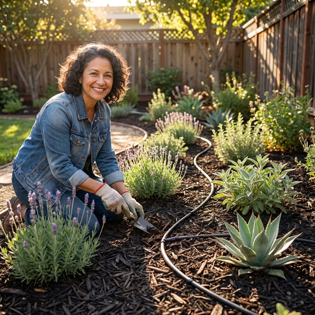 A backyard planting bed covered with shredded bark mulch, with a drip irrigation line running neatly along drought-tolerant shrubs
