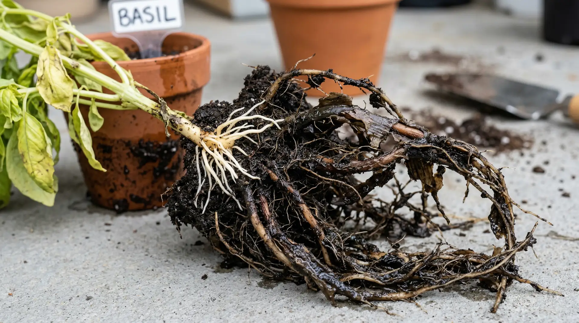 A basil plant removed from its pot showing dark, mushy roots near the base and some healthier pale roots higher up