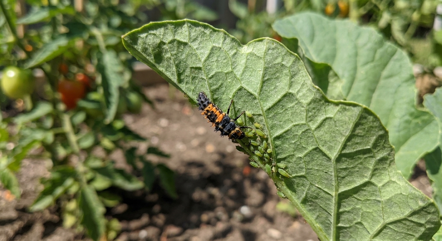 A black-and-orange lady beetle larva feeding on a cluster of aphids on a green leaf in a home vegetable garden