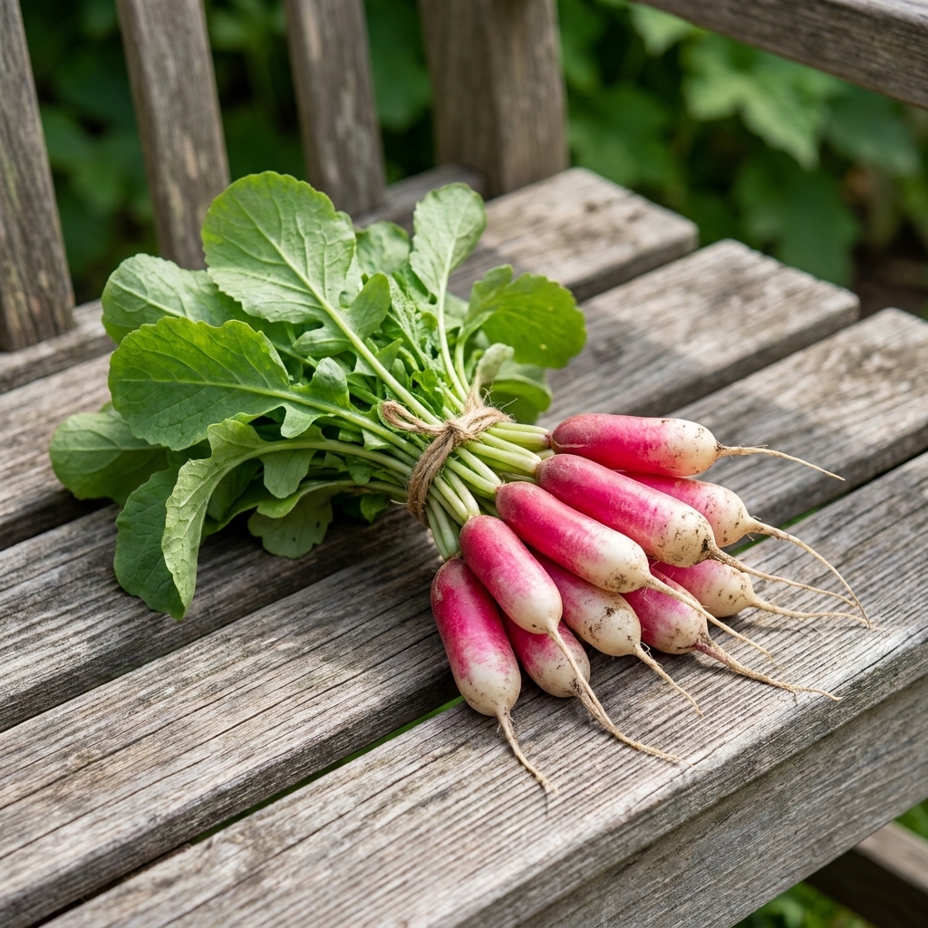 A bunch of slender French breakfast radishes with green tops resting on a wooden garden bench in natural light