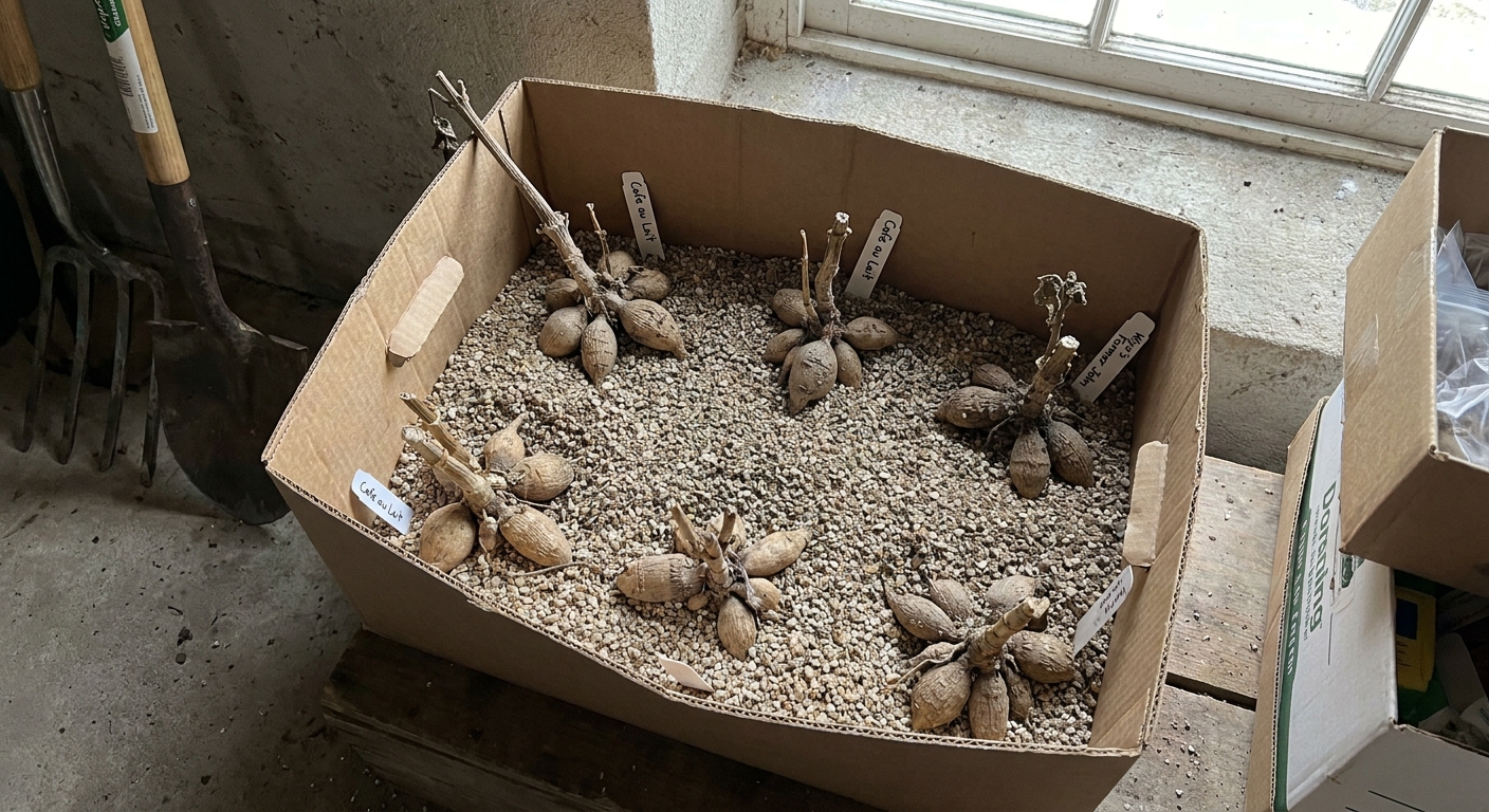 A cardboard box filled with vermiculite holding several dahlia tubers spaced apart for winter storage