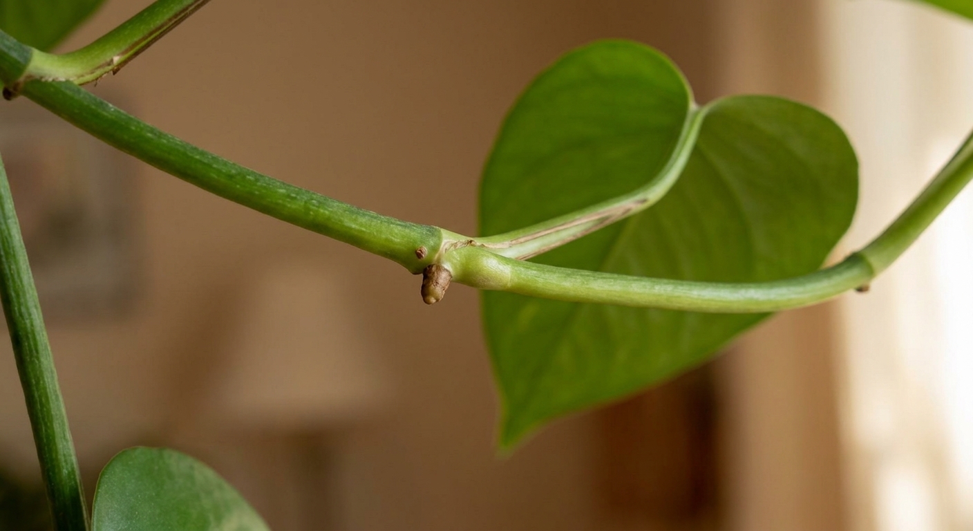 A close-up photo of a houseplant vine showing a clear leaf node with a small aerial root bump where new growth could emerge