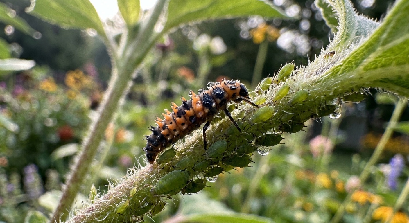 A close-up photograph of a ladybug larva crawling among aphids on a plant stem in a backyard garden