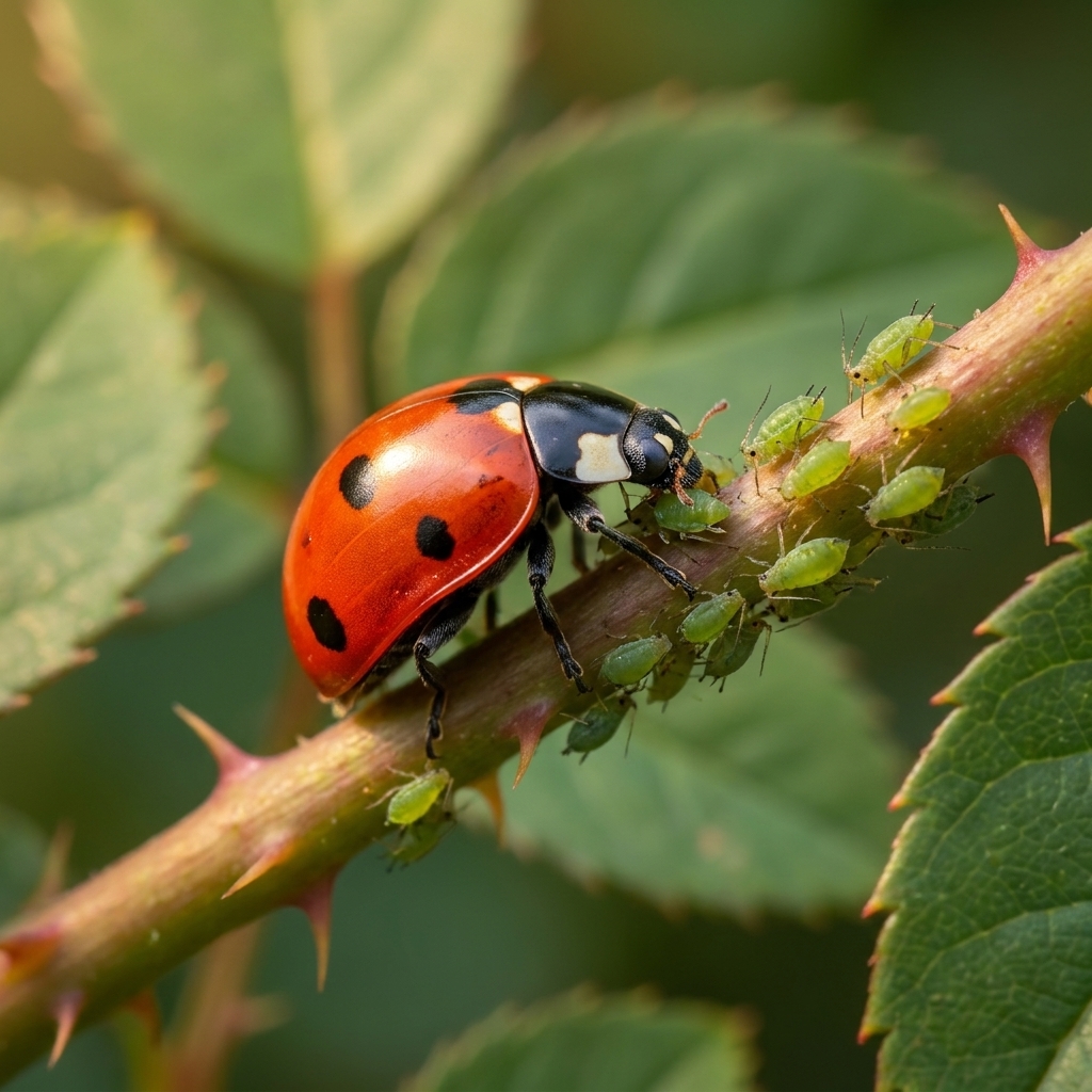 A close-up photograph of a red lady beetle feeding on aphids along a rose stem with green leaves in the background