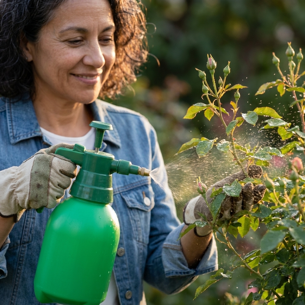 A close-up photograph of a rose bush being treated with a hand pump sprayer, focusing on leaves and buds in soft evening light