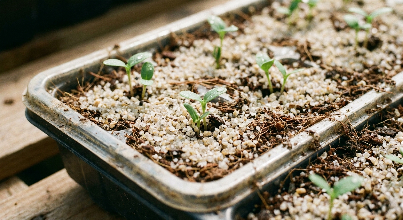 A close-up photograph of a seedling tray where the potting mix surface has been lightly top-dressed with pale coarse horticultural sand around small green sprouts