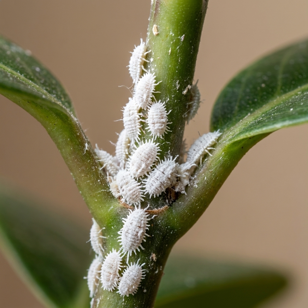 A close-up photograph of white cottony mealybugs clustered along a houseplant stem near a leaf node