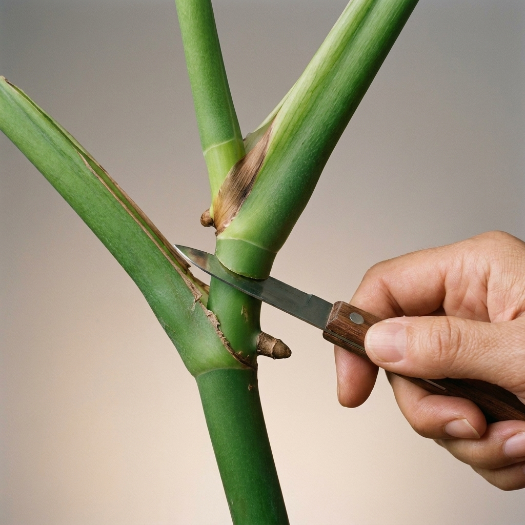 A close view of a Monstera deliciosa stem showing a node with an aerial root nub and a leaf petiole attached, ready to be cut for propagation