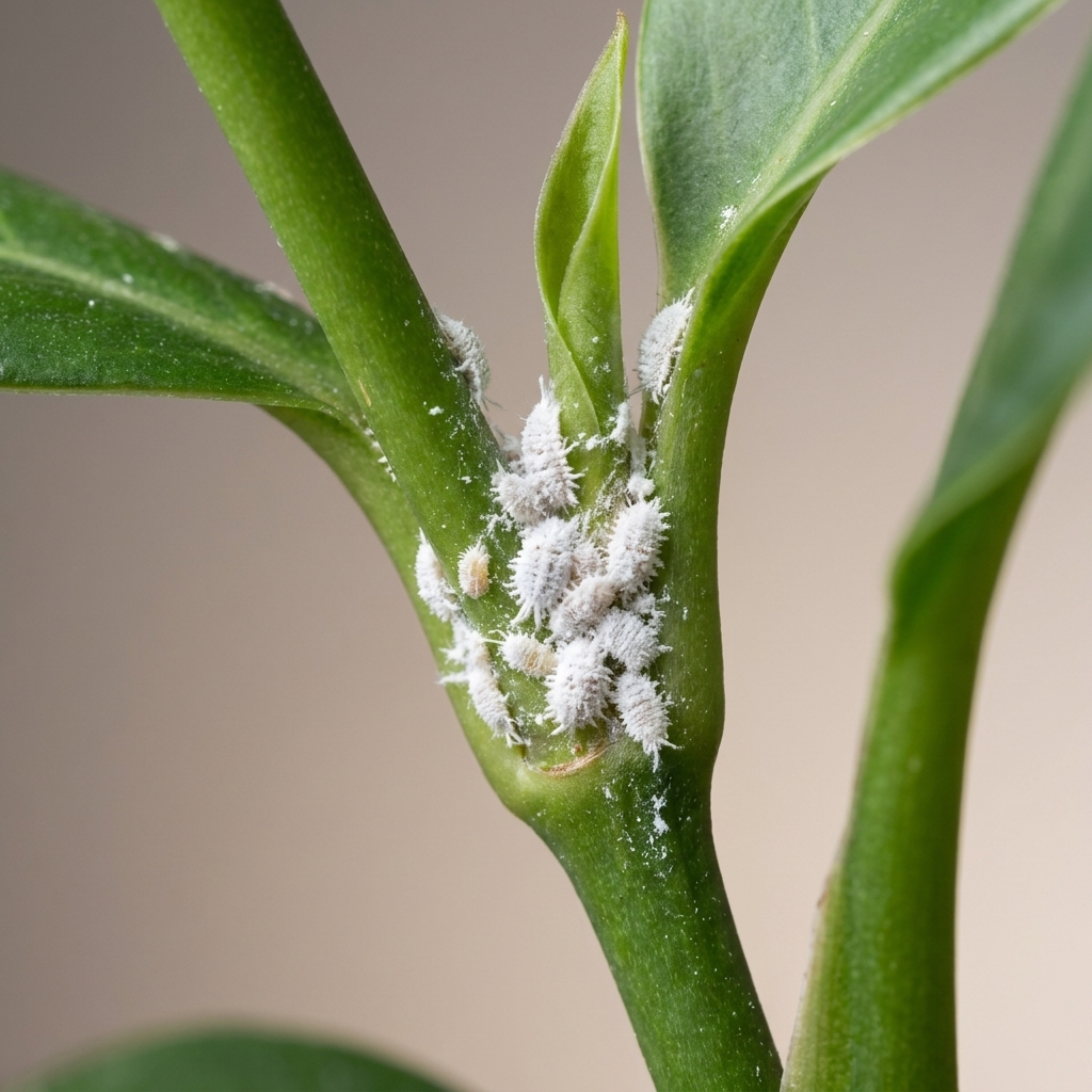 A close view of a houseplant stem with small white cottony mealybugs clustered near a leaf joint