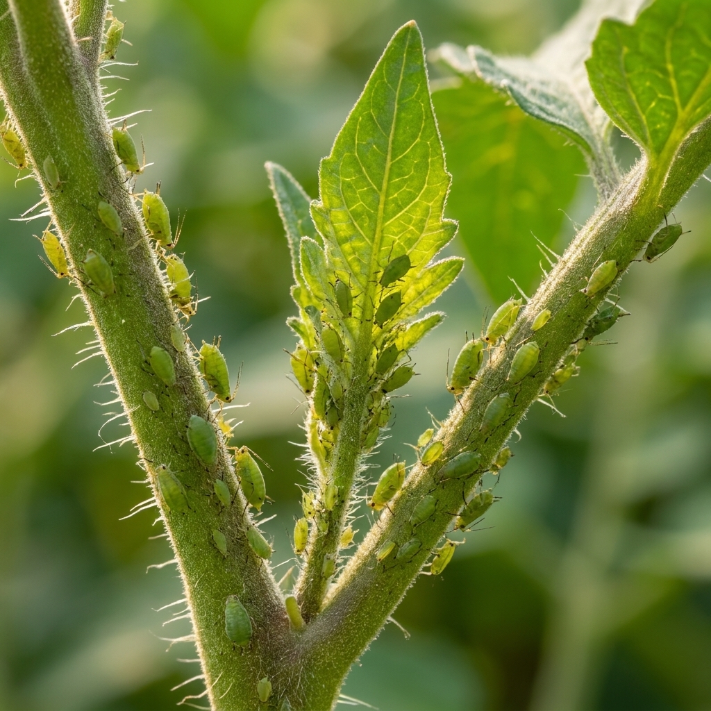 A close view of green aphids clustered along a tomato plant stem near a new leaf bud