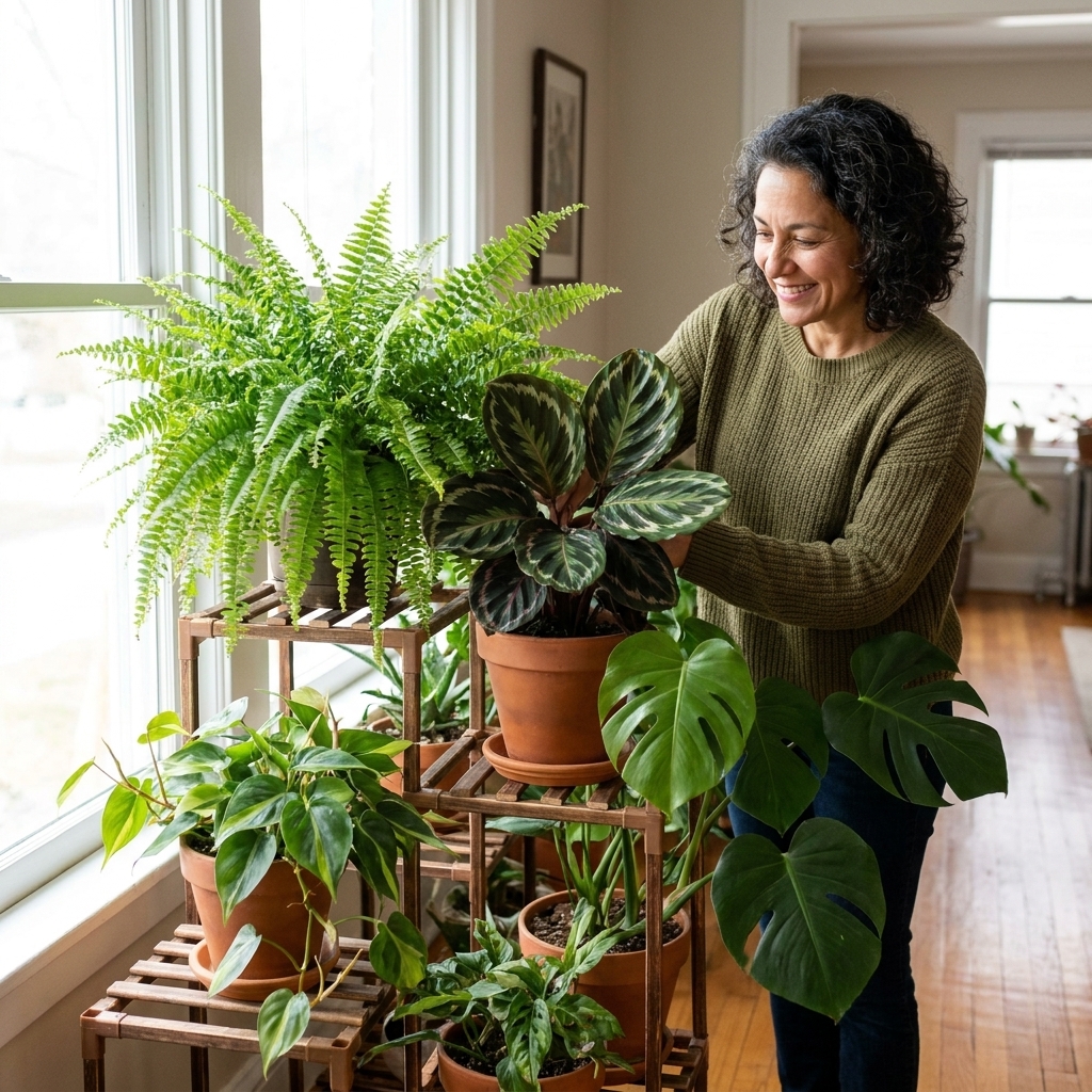 A cluster of tropical houseplants grouped together on a plant stand near a bright window, including a fern and calathea