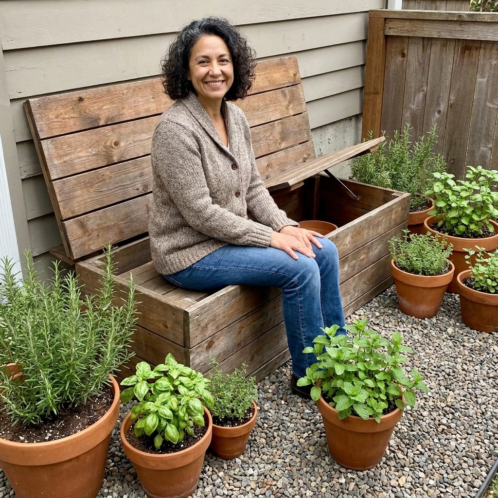 A compact backyard seating nook with a wooden bench that has a lift-up storage seat, surrounded by potted herbs and a gravel surface