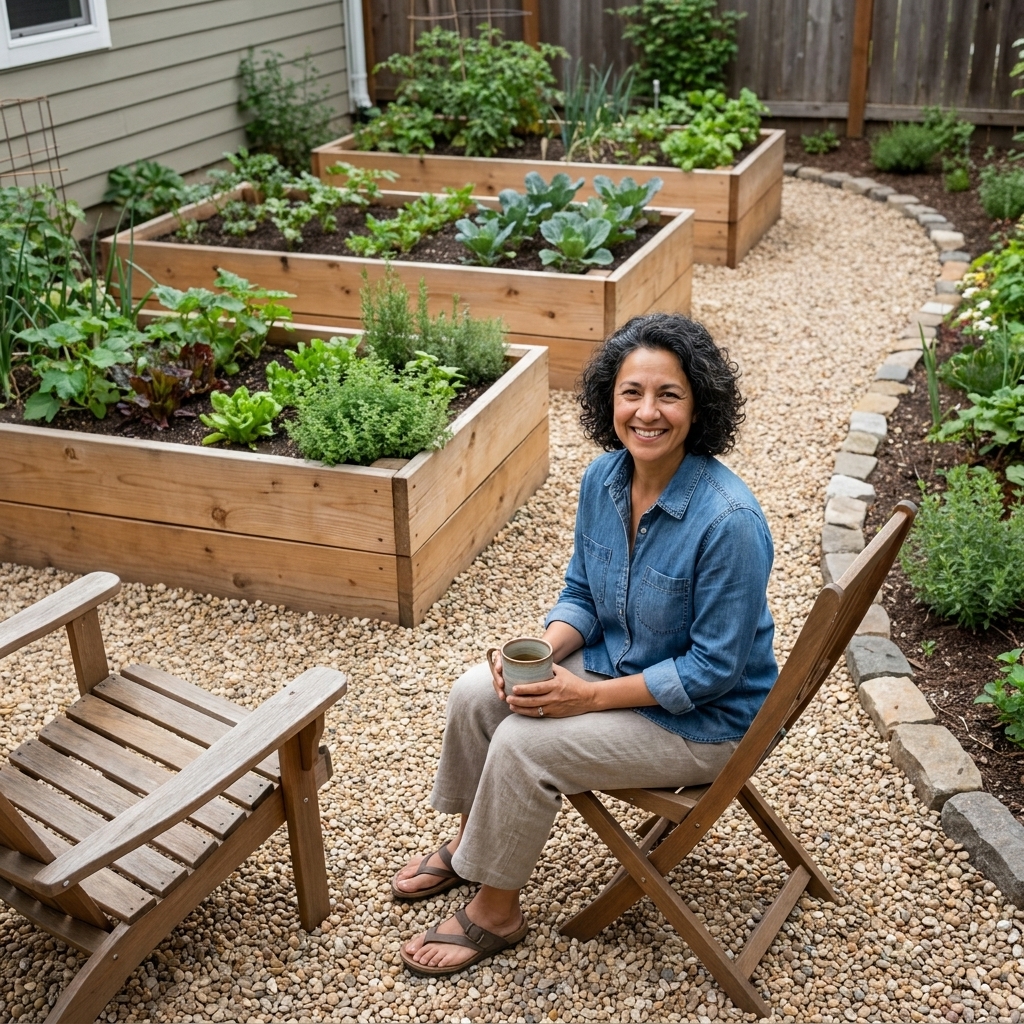 A compact backyard with a defined gravel path, a small seating corner with two chairs, and raised beds arranged neatly along one side