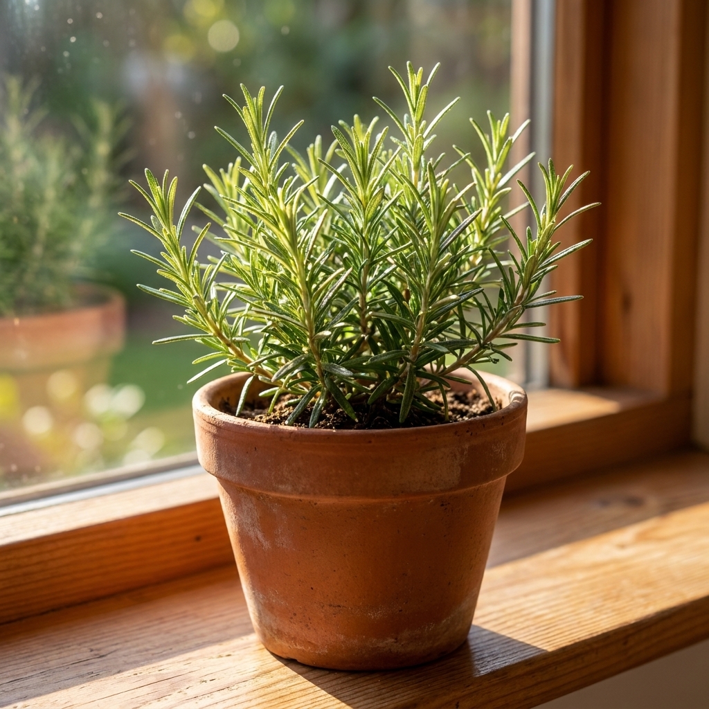 A compact rosemary plant in a clay pot on a sunny windowsill, with needle-like leaves catching the light