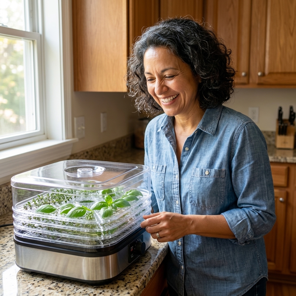 A countertop dehydrator with trays holding a single layer of basil leaves and thyme sprigs, photographed in a home kitchen with natural light