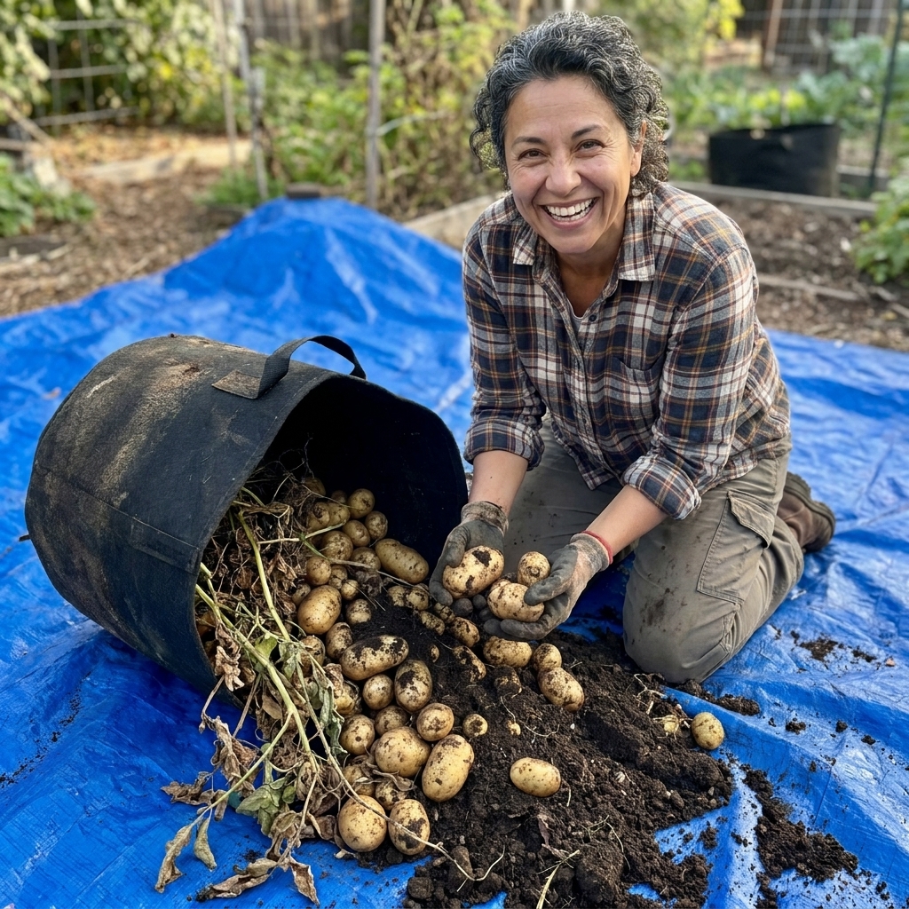 A fabric grow bag tipped onto a tarp with freshly harvested potatoes spilling out, with potato vines and loose soil visible