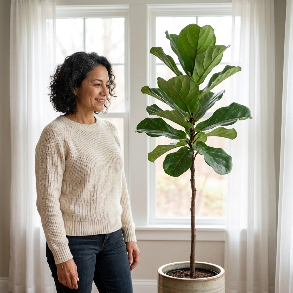 A fiddle leaf fig placed a few feet from a bright window with sheer curtains, showing even light across the leaves