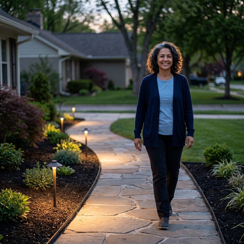 A front yard with a gently curving stone walkway lined with low, warm path lights and neatly edged mulch beds