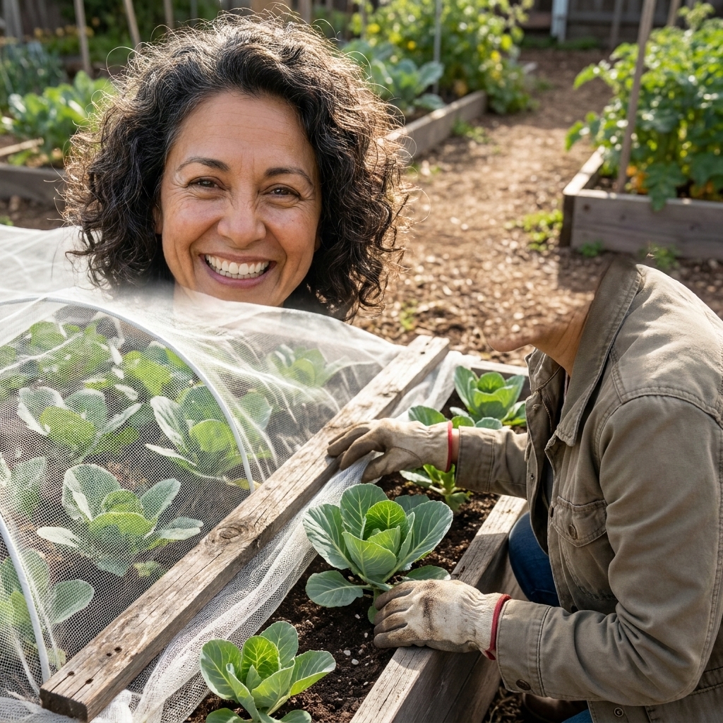 A garden bed of young cabbage plants covered with lightweight white insect netting secured along the edges with boards