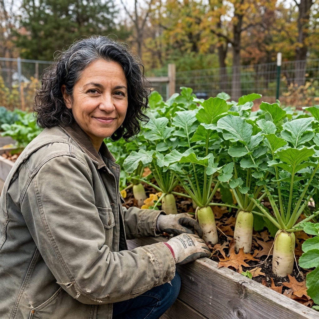 A garden bed with mature daikon radish cover crop plants growing in rows, leafy tops above the soil in late fall