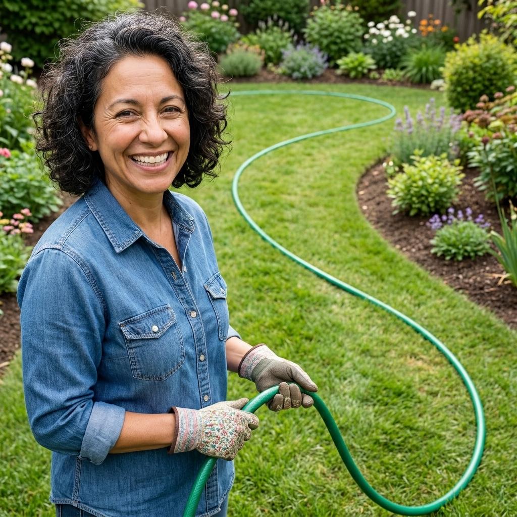 A garden hose laid in a gentle curve across a lawn to outline a future pathway, with garden beds and shrubs nearby in daylight