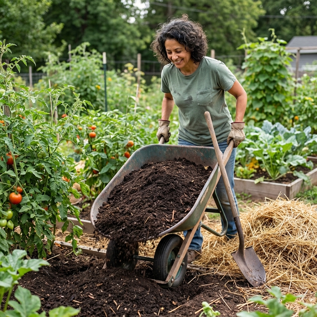 A gardener dumping finished compost from a wheelbarrow onto an in-ground vegetable bed, with a shovel and mulch nearby
