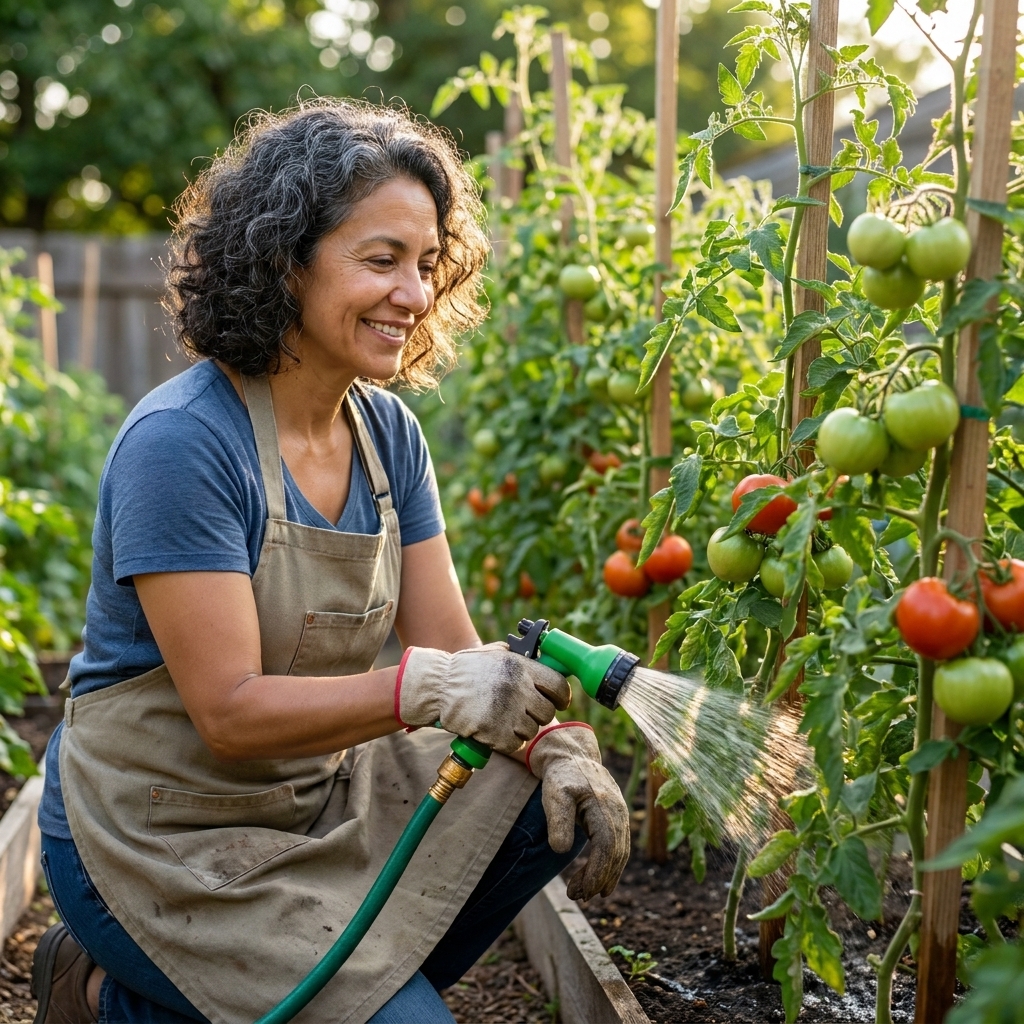 A gardener fertilizing at the base of tall tomato plants in a backyard vegetable garden using a hose-end sprayer