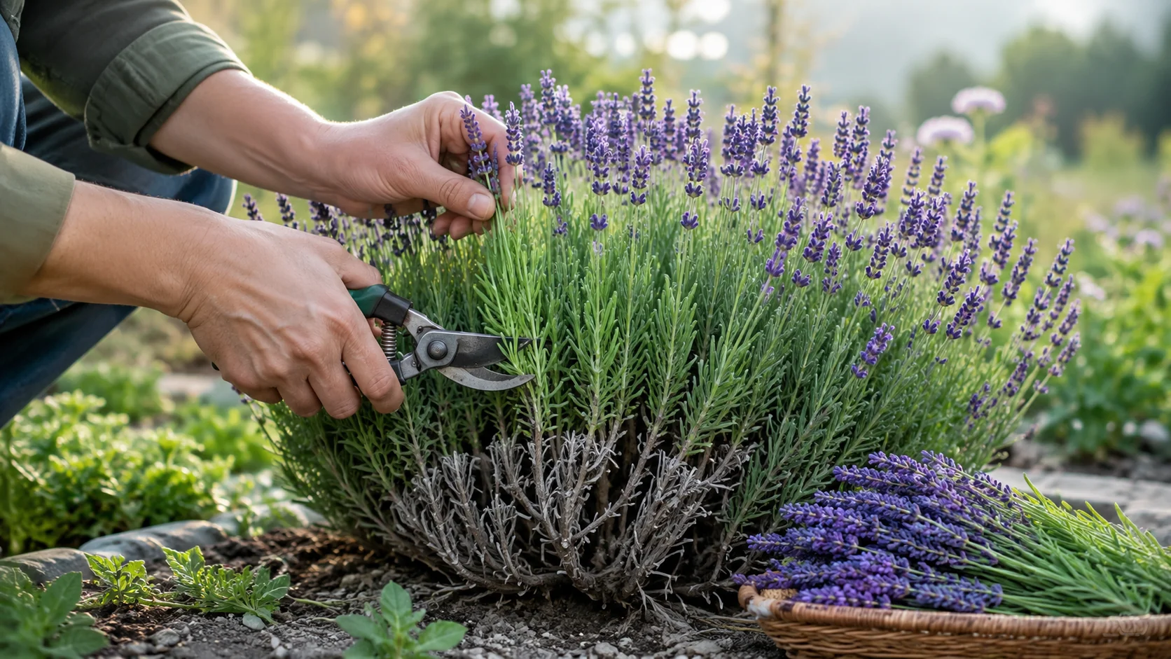 A gardener holding clean hand pruners and gently trimming spent lavender flower stems on a sunny afternoon in a backyard