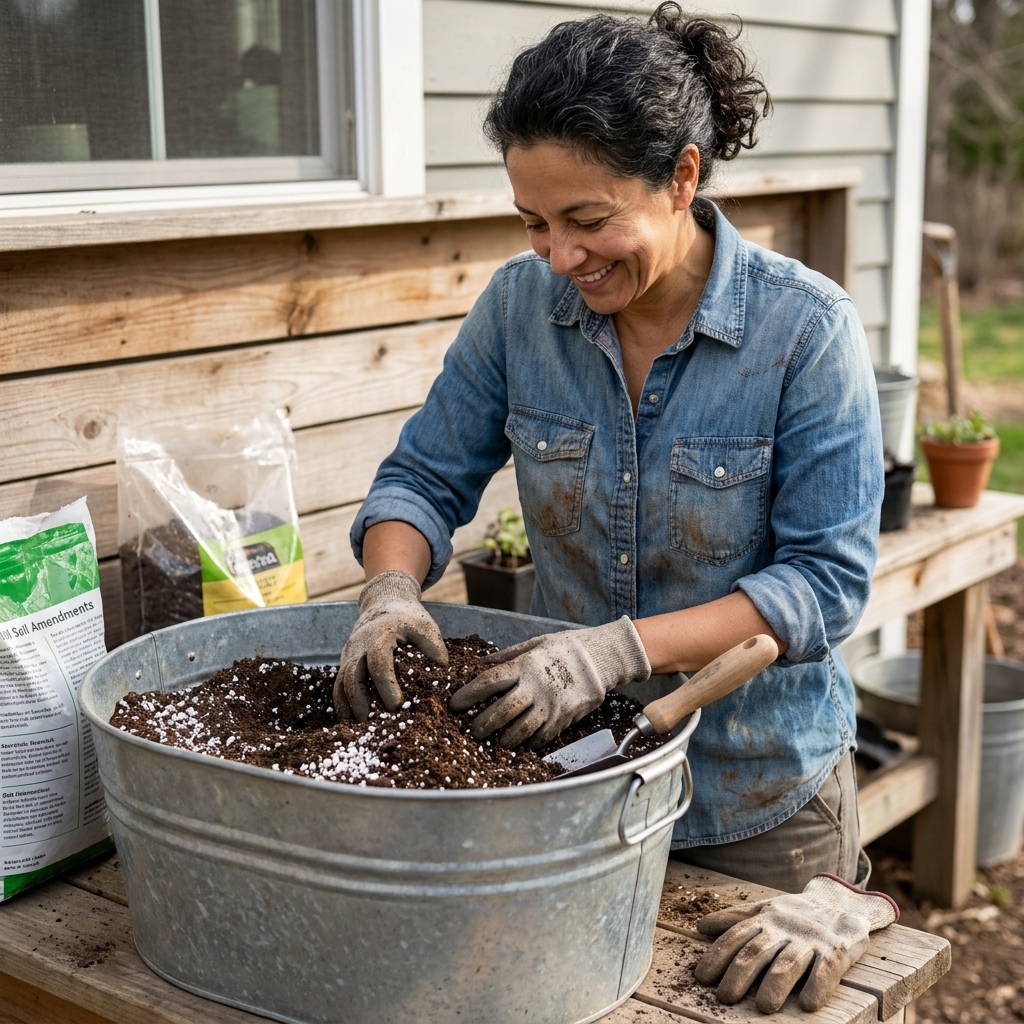 A gardener mixing potting soil, compost, and perlite in a large tub, with a hand trowel and gloves nearby