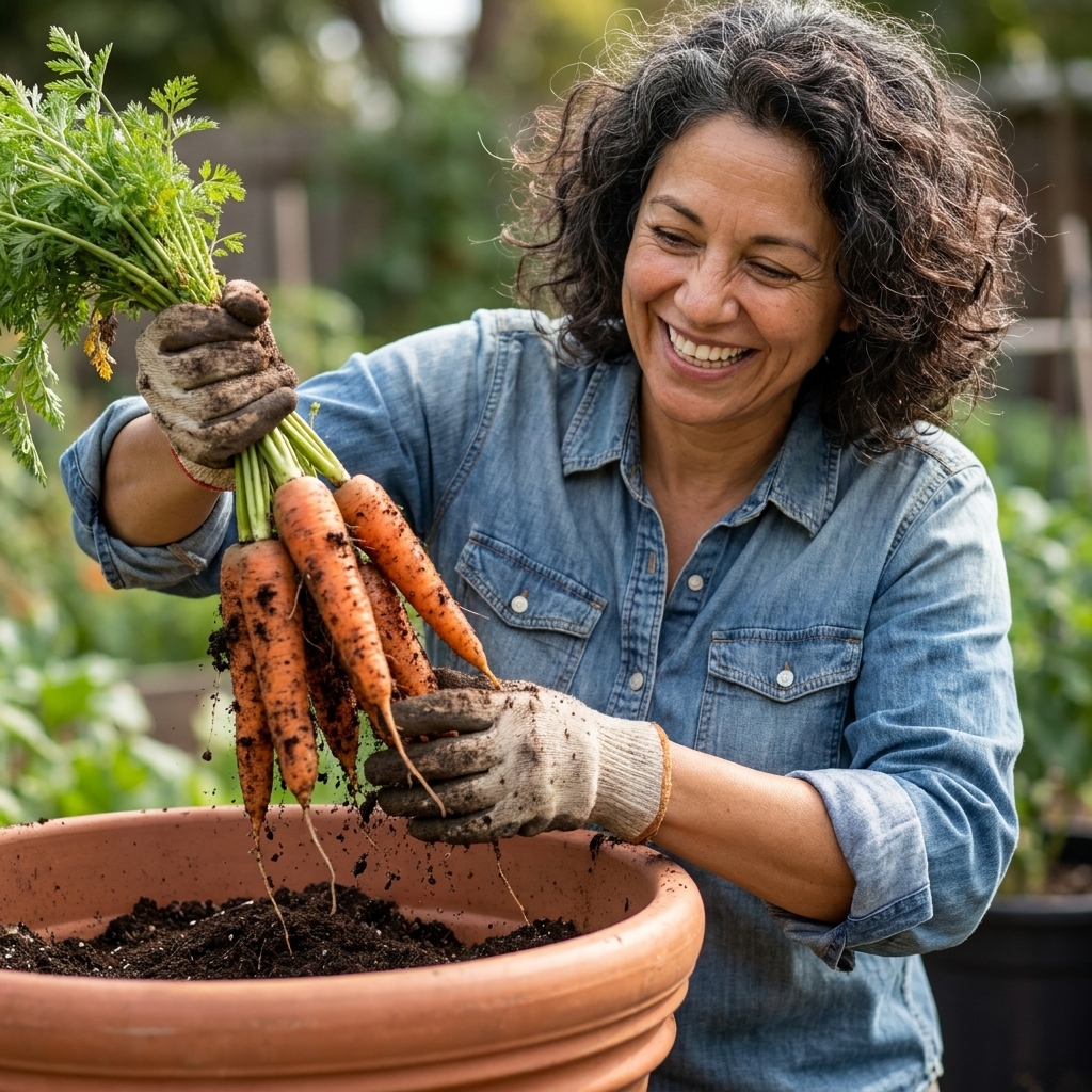 A gardener pulling a bunch of fresh orange carrots from a deep container planter, with loose potting soil clinging to the roots