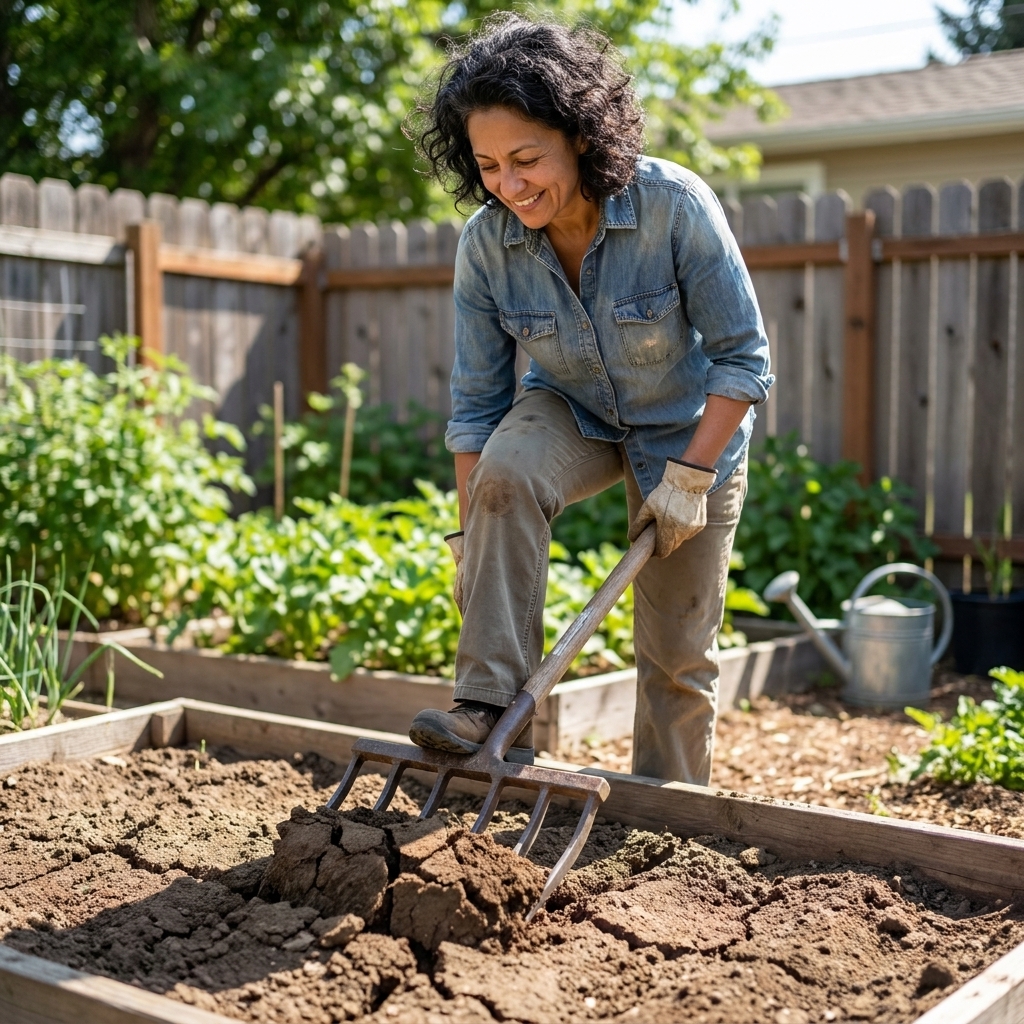 A gardener using a broadfork to gently loosen compacted clay soil in a backyard vegetable bed, lifting and cracking the soil without turning it
