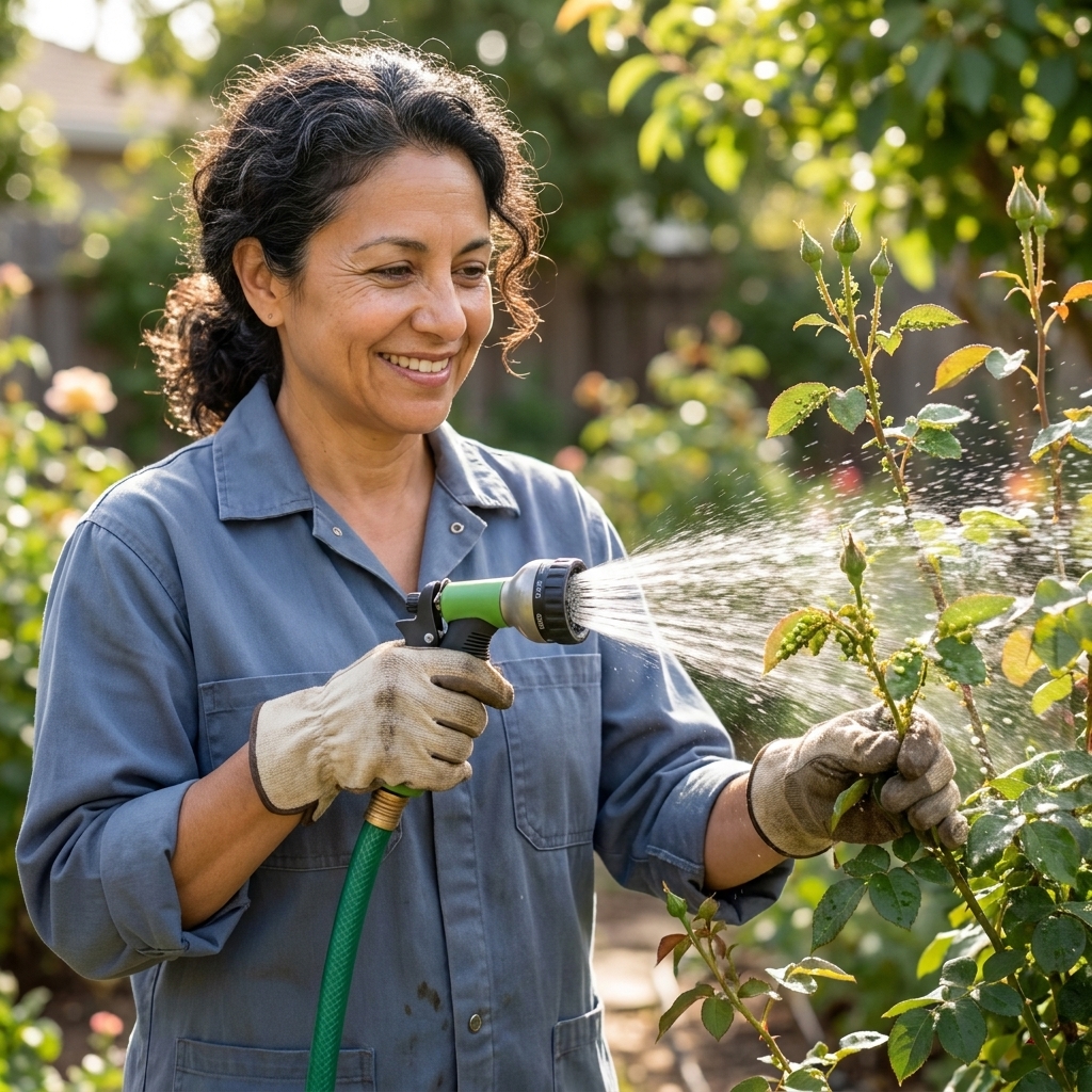 A gardener using a hose spray nozzle to rinse aphids off rose stems and leaves in a sunny backyard garden