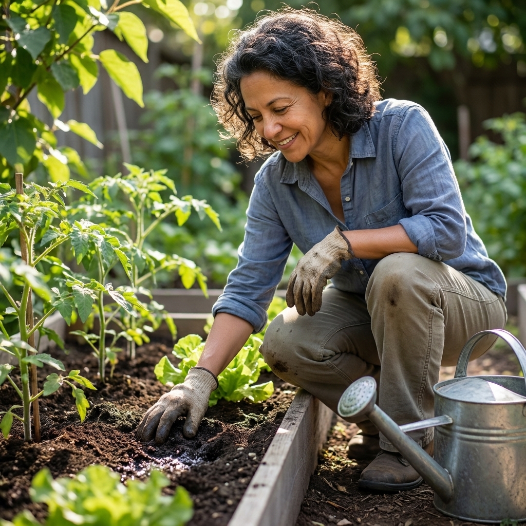 A gardener’s hand checking soil moisture beside young vegetable plants in a garden bed, with a watering can nearby, natural outdoor photograph