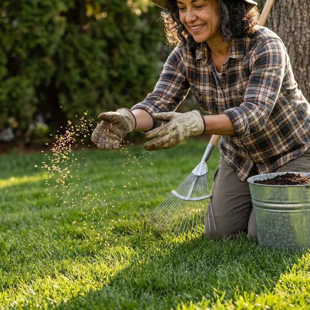 A gardener’s hands broadcasting clover seed over a recently mowed lawn, with a rake and compost bucket nearby