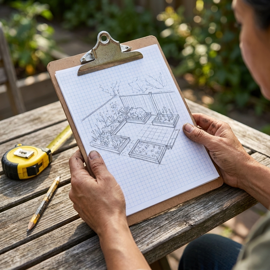 A gardener's hands holding a clipboard with graph paper showing a small backyard sketch, tape measure and pencil nearby on an outdoor table