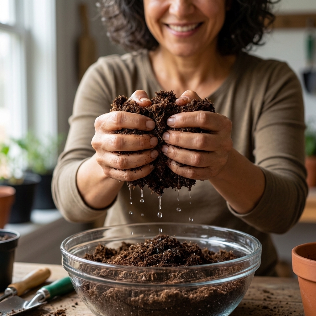 A gardener’s hands squeezing pre-moistened seed-starting mix over a bowl, showing the wrung-out sponge texture