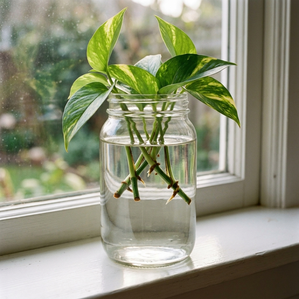 A glass jar on a windowsill holding freshly cut pothos cuttings with nodes submerged and small white roots beginning to form