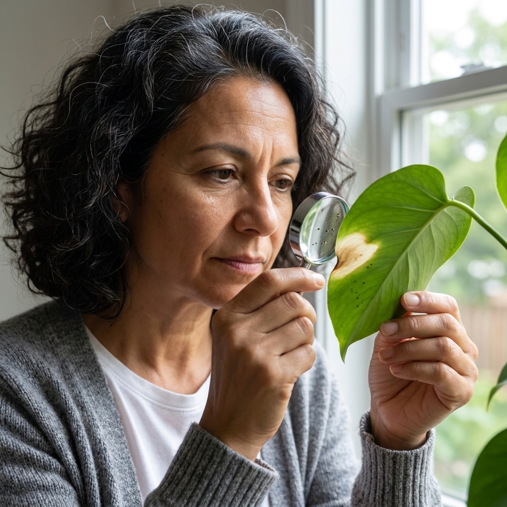 A hand holding a houseplant leaf up to the light near a window, showing a pale scorched patch while the underside is inspected closely for tiny pests