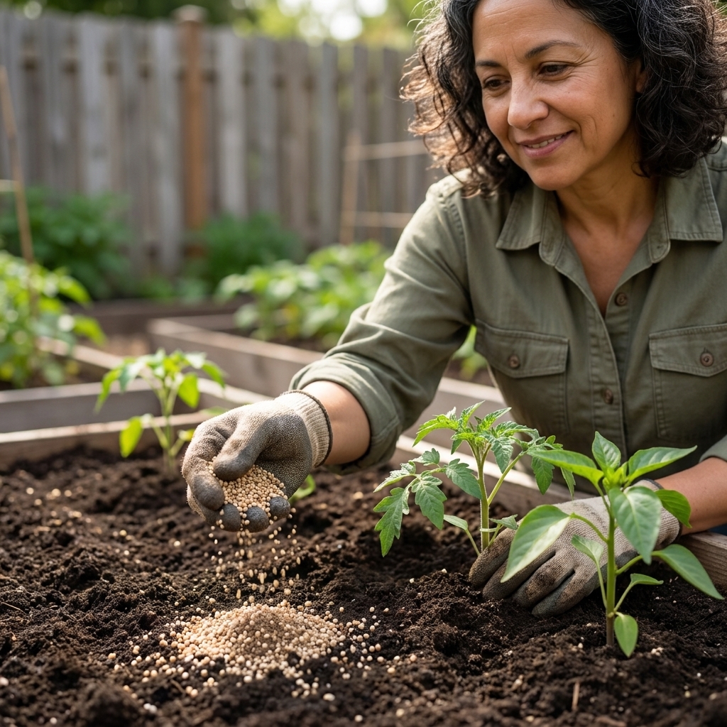 A hand sprinkling granular fertilizer evenly over dark soil in a home garden bed next to young transplants
