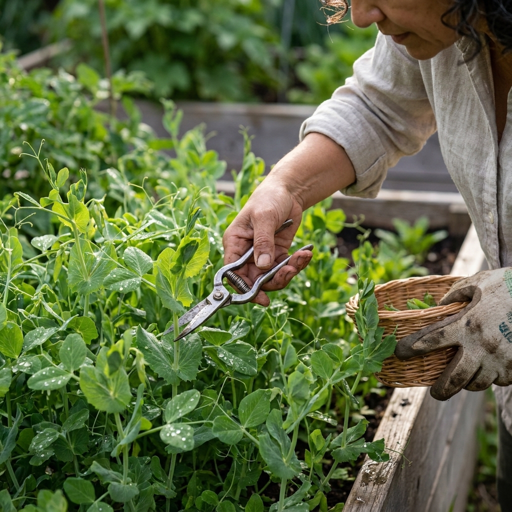A hand using garden snips to harvest tender pea shoots from a dense patch of young pea plants in a raised bed