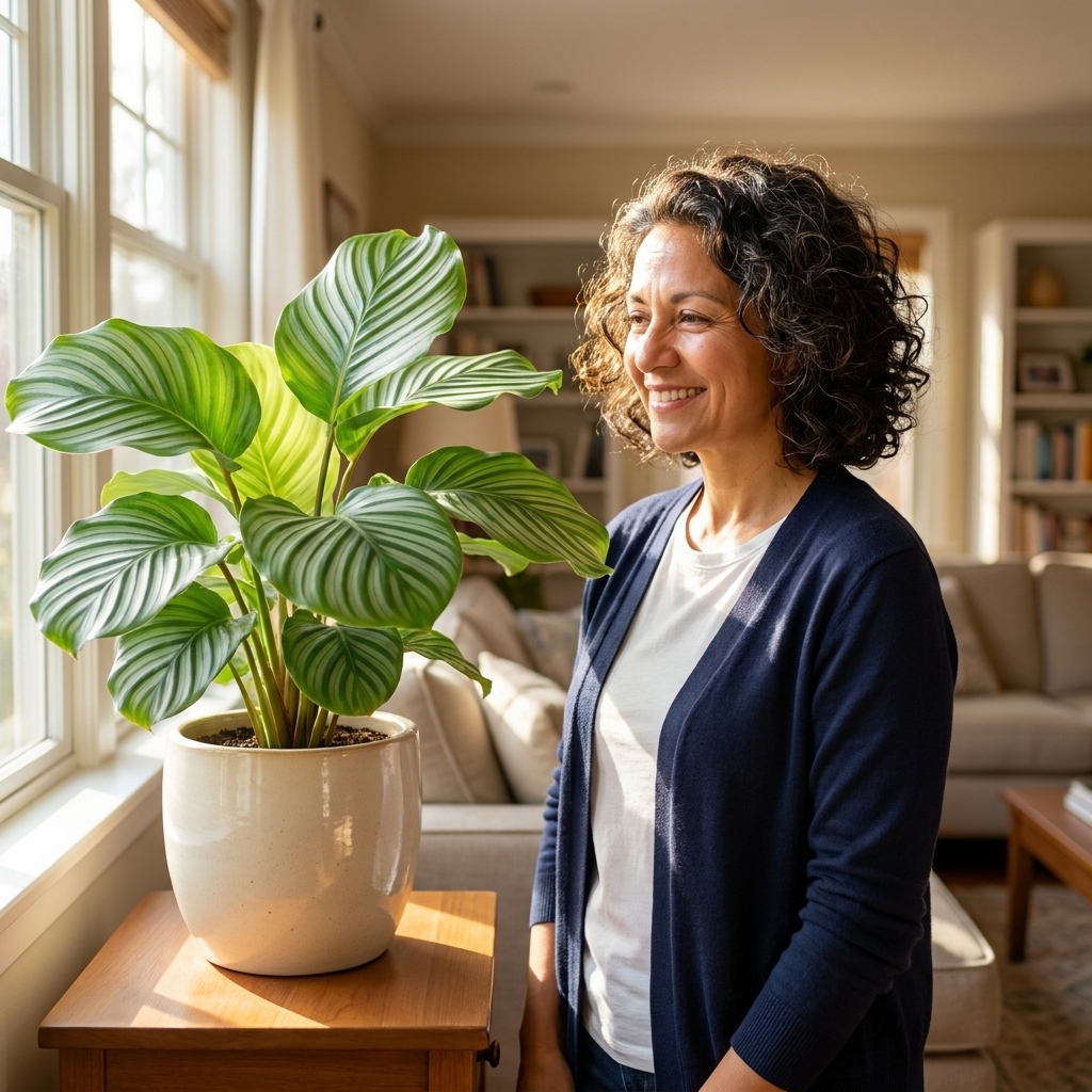 A healthy Calathea orbifolia with large striped leaves in a ceramic pot on a side table in a sunny living room