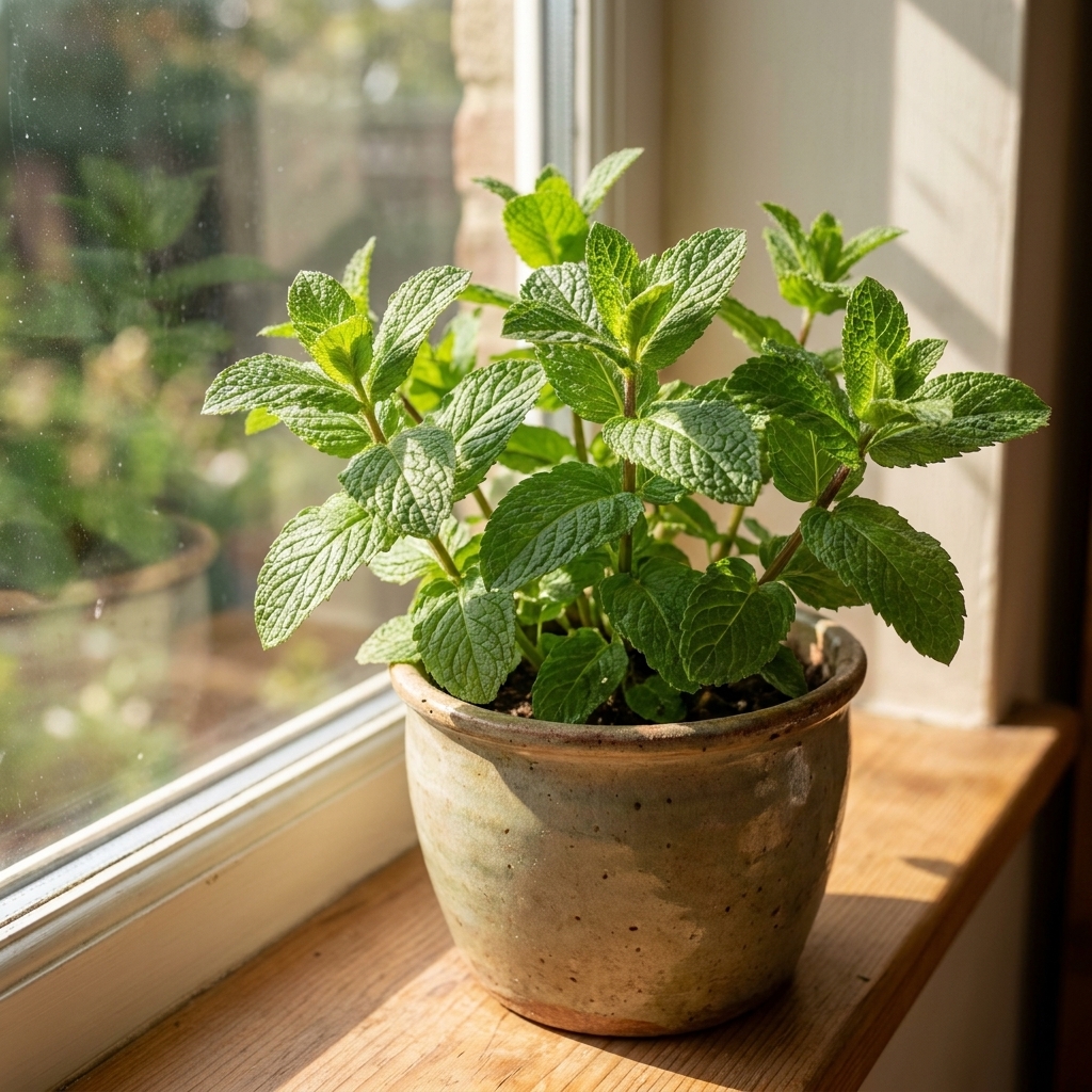 A healthy mint plant in a simple ceramic pot sitting on a sunny windowsill with visible textured leaves