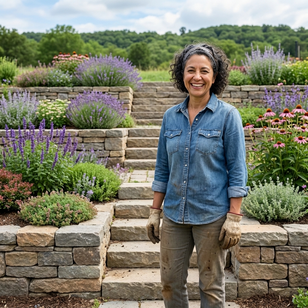 A hillside with three planted terraces, stone steps centered between them, and mixed perennials and shrubs stabilizing the slope