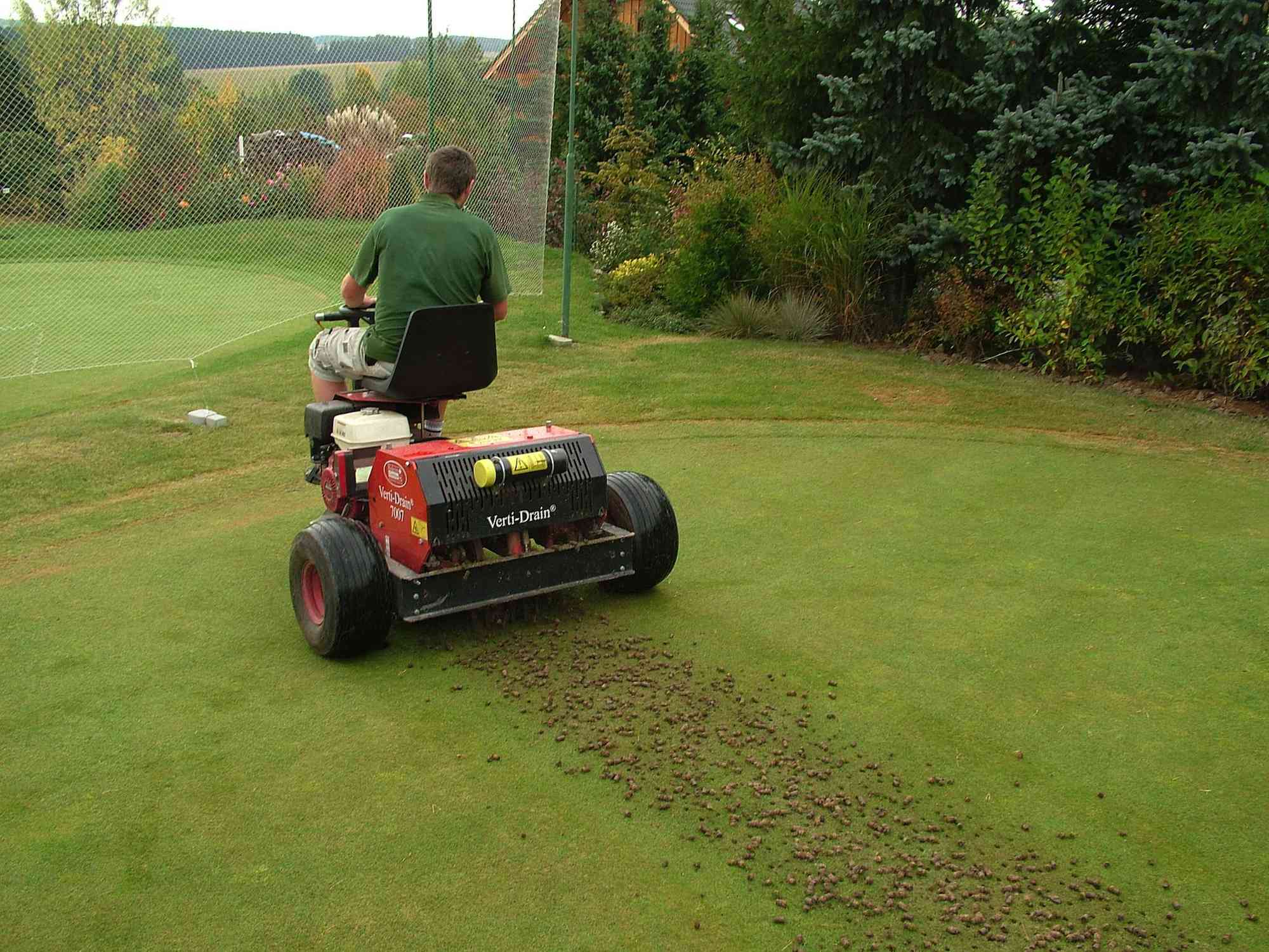 A homeowner pushing a core aerator across a suburban lawn, with visible soil plugs scattered on the grass in natural daylight