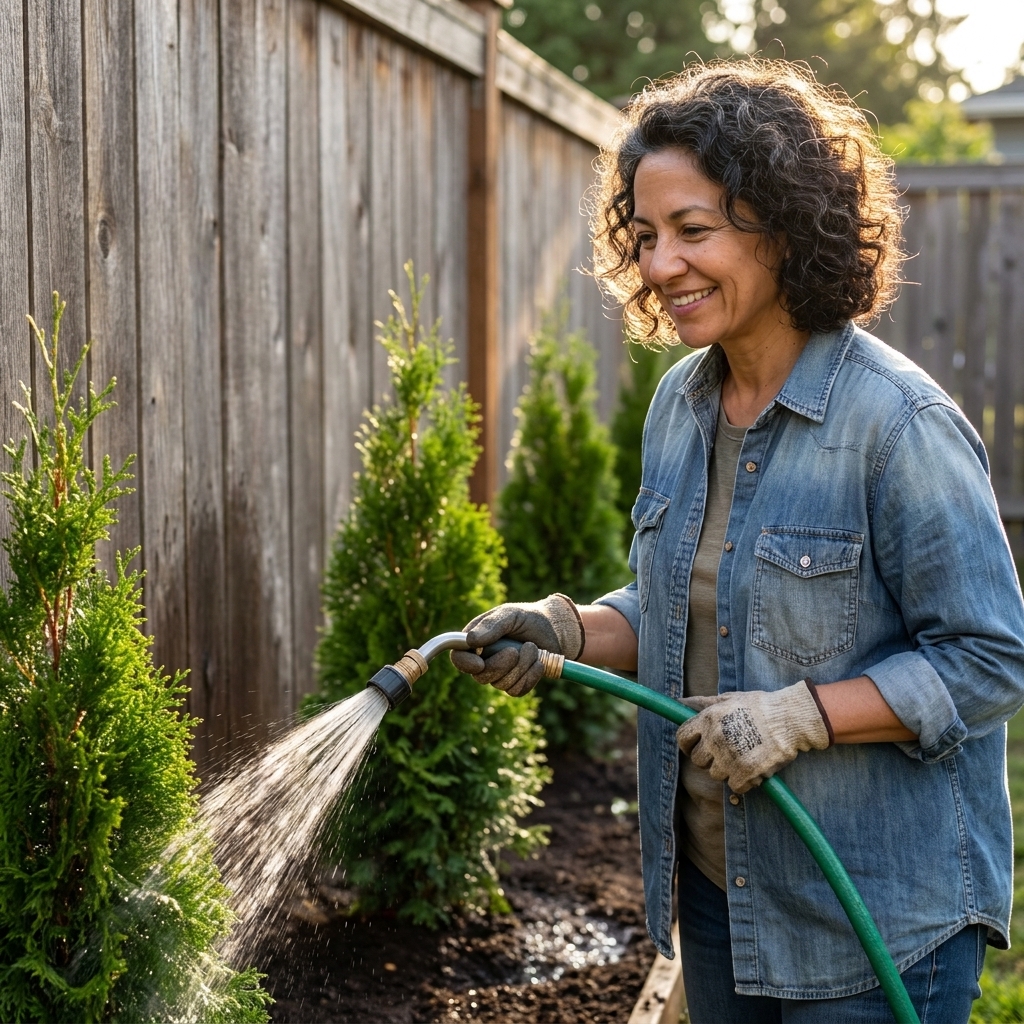 A homeowner watering young Thuja Green Giant arborvitae planted in a line beside a wooden privacy fence